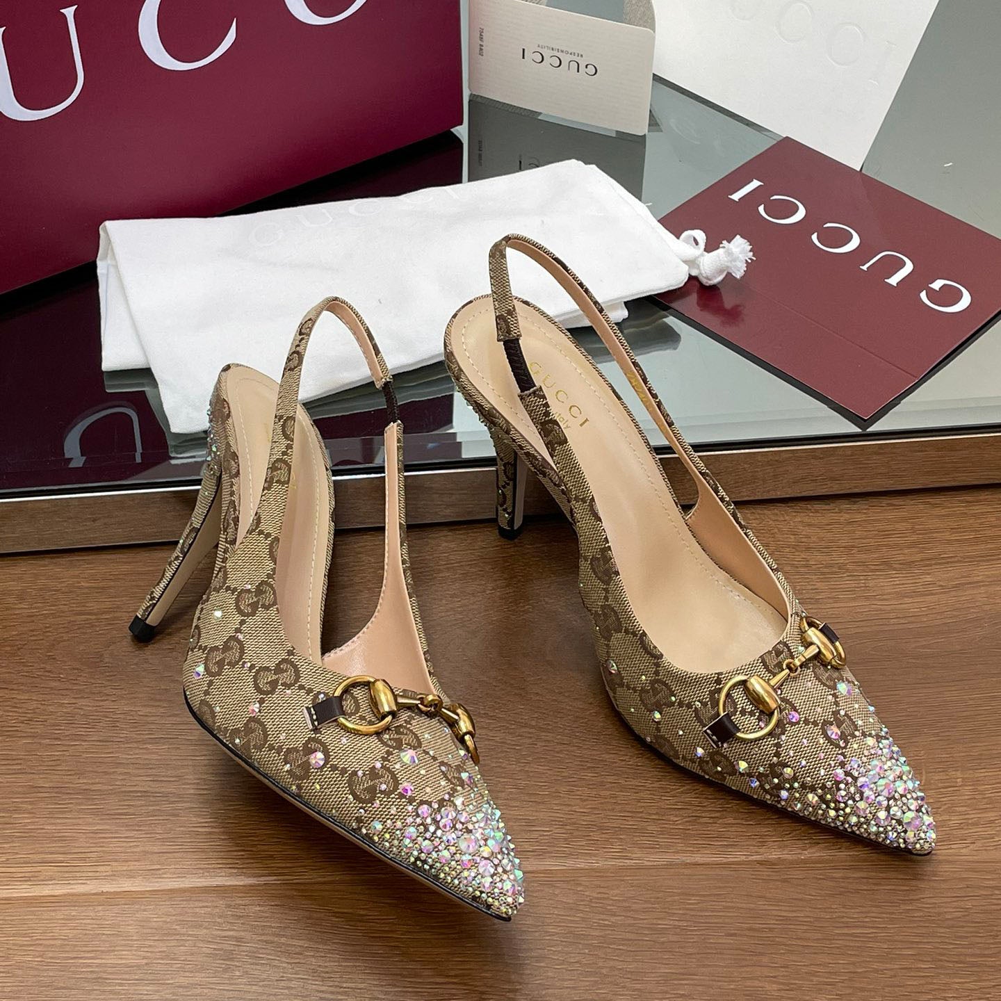 GUI Horsebit crystal slingback pumps 1825031003