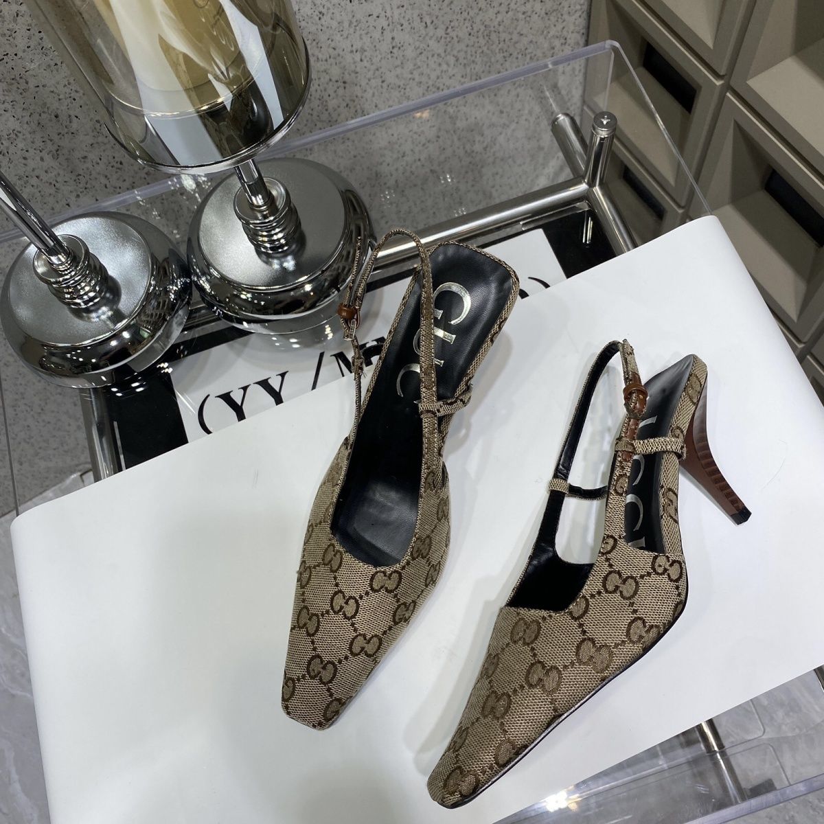 One-Line Buckle Square Toe Cat Heel Fashion High-Heeled Shoes XC0823091106