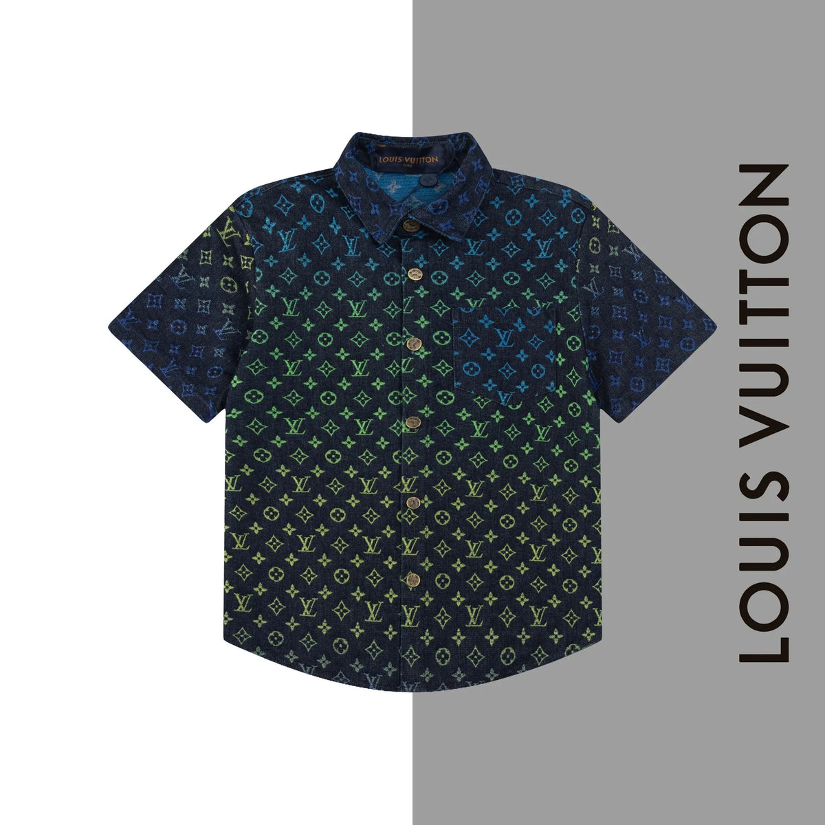 Gradient jacquard full print denim short sleeved shirt 1025032115