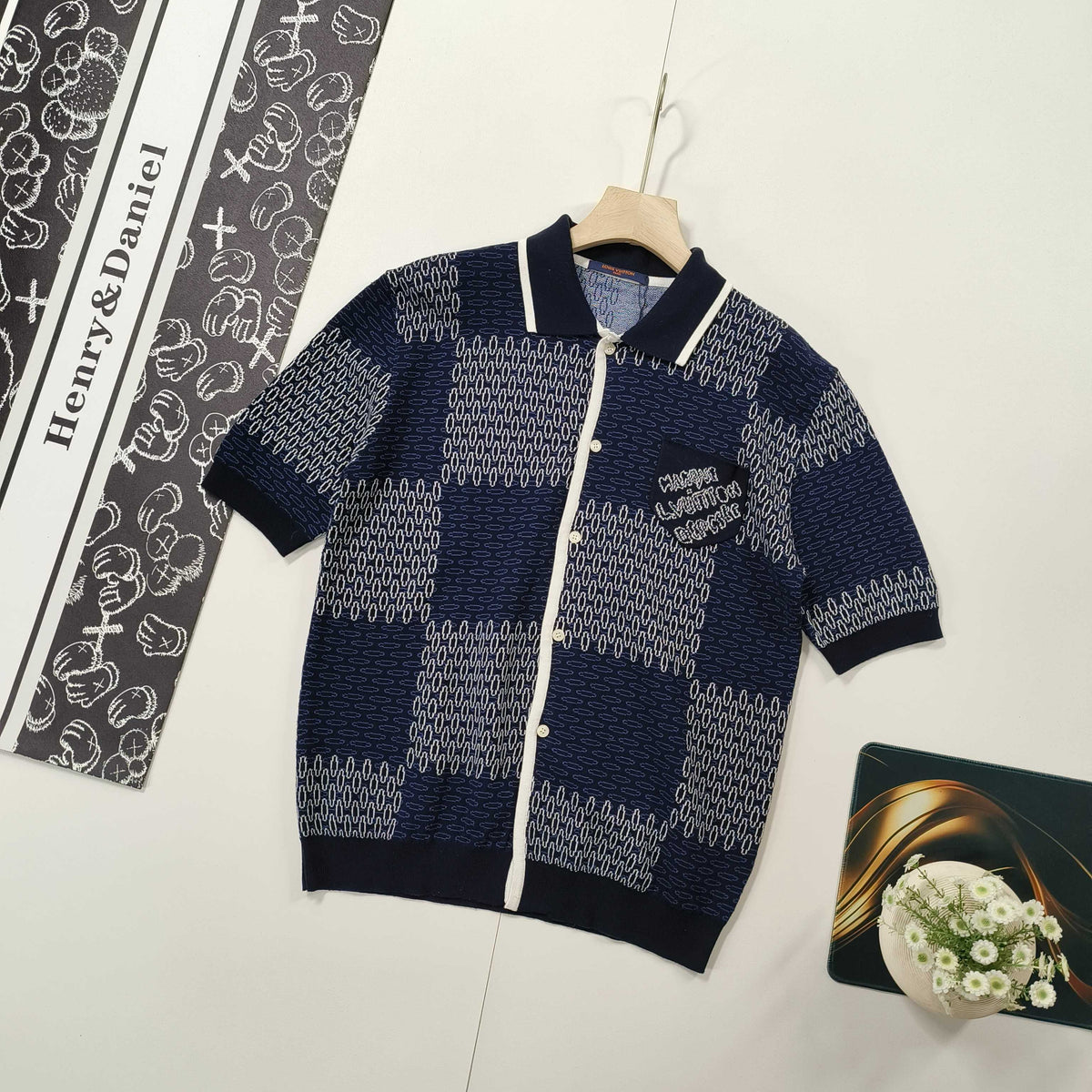 VV Checkerboard mercerized cotton knitted short sleeves 1825022817
