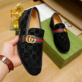 Classic design black suede g&stripes pattern formal dress slip on shoes