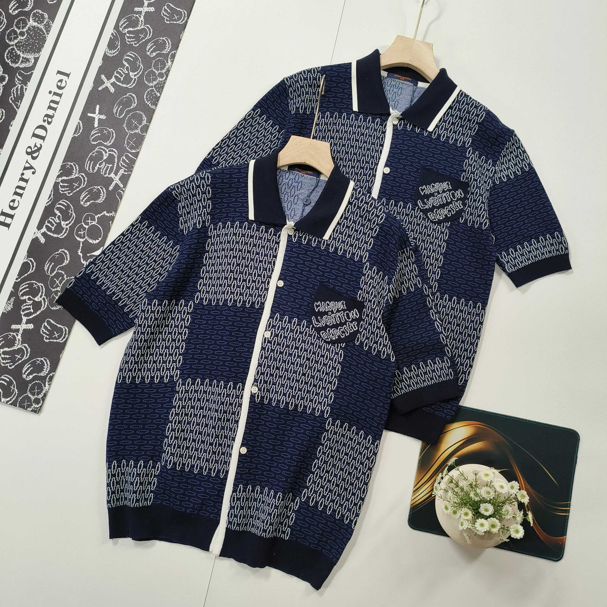 VV  Checkerboard mercerized cotton knitted short sleeves 1825022817