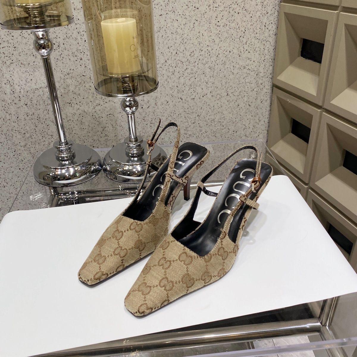 One-Line Buckle Square Toe Cat Heel Fashion High-Heeled Shoes XC0823091106